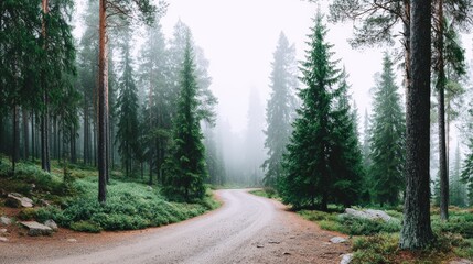 Obraz premium Winding Gravel Road Meanders Through Misty Green Forest