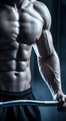 Muscular male torso of a young bodybuilder with strong abs, chest, and athletic physique