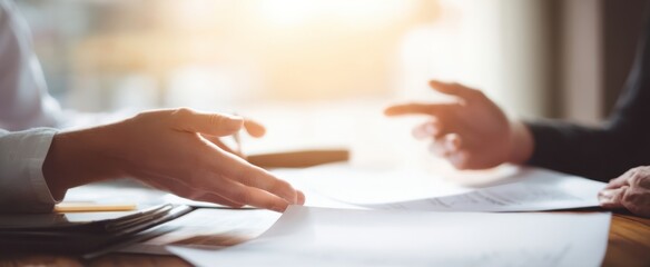 The hands of professionals engaged in a business discussion with documents on a table.
