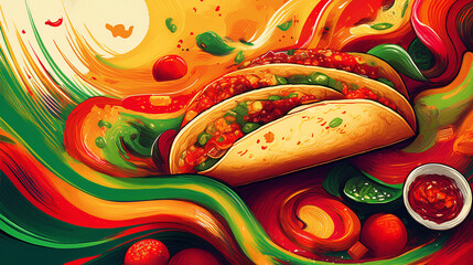 Abstract Banner Design: Layered Splashes of Bright Red, Sunny Yellow, and Avocado Green for Tacos

