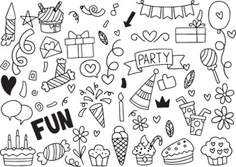 Black and White Fun Party Doodle Set – Drinks, Gifts, Banners, Ice Cream, Celebration Sketch Vector

