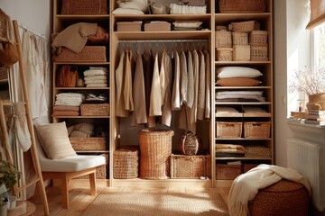 Organized, light-filled walk-in closet with neutral tones, featuring woven baskets and clothes