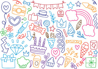 Colorful Birthday Party Doodle Set – Cake, Balloons, Party Hats, Candles, Cupcake, Celebration Vector


