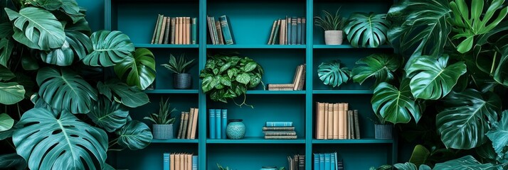Contemporary bookshelf with blue and green leaves intertwined among books, great for creative studio design, botanical decor, or stylish office spaces.