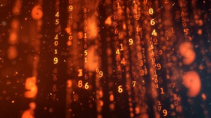 Glowing numeric matrix in amber tones. Neural network AI generated