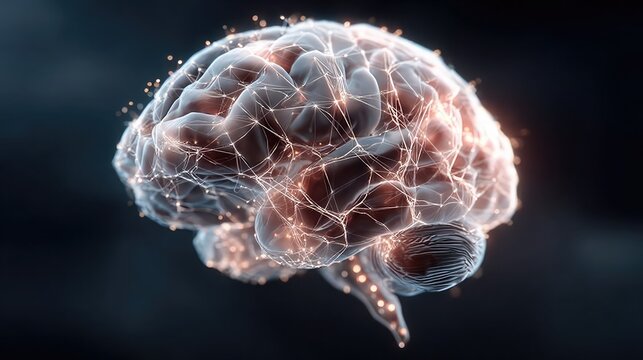 Human brain computer mind interface with glowing neural mesh, artificial intelligence concept for science, tech, and innovation