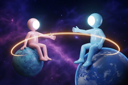 Two abstract figures in space connect via a luminous ring, symbolizing collaboration and cosmic unity against a vibrant nebula backdrop