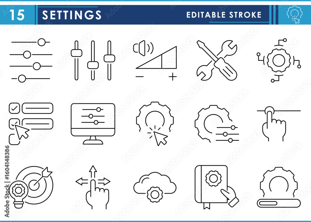 Poster a set of line icons related to settings. setup, computer, user interface, tools, and so on. vector e