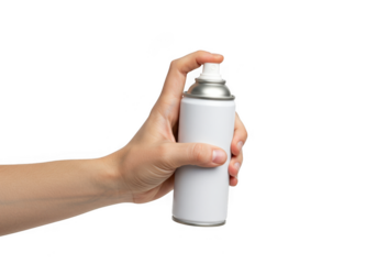 Human hand holding a white aerosol spray can with a silver cap isolated on transparent background