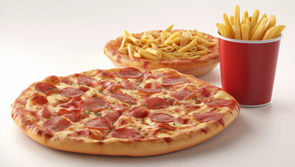 A pizza and french pasta placed next to each other on the table, a red cup with fries in it, against a white background. 