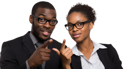 Black Professionals Wearing Glasses Point Forward on Transparent Background.