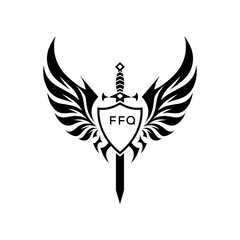 FFQ  Winged Sword and Shield Logo with FFQ   Letters, FFQ   Later Logo, Heraldic Emblem, Black and White Vector Design
