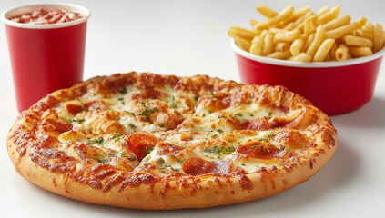 A pizza and french pasta placed next to each other on the table, a red cup with fries in it, against a white background. 