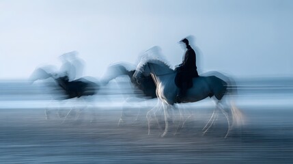 Horses and riders on a beach with motion blur creating a sense of speed.