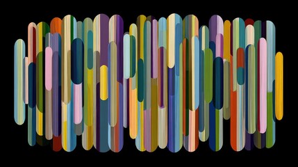 Abstract design with overlapping, colorful, vertical shapes.