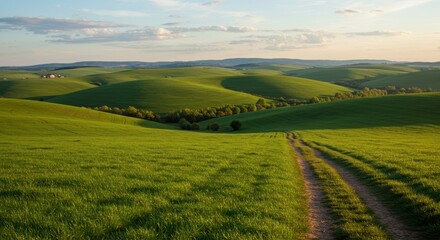 Fototapeta premium Rolling Hills with Path Under Blue Sky (Right) 