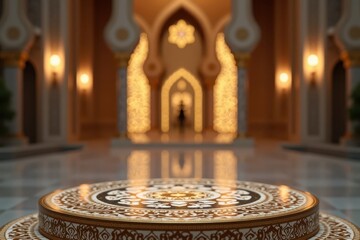 Close-up of Islamic-style podium with mosaic details and golden accents in warm elegant lighting