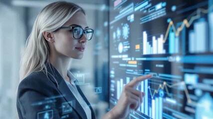 Technology driven digital screen data analysis with business graphs showcasing growth and progress through innovative touchscreen interface - Powered by Adobe