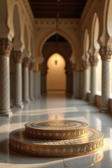Close-up of Islamic-style podium with mosaic details and golden accents in warm elegant lighting