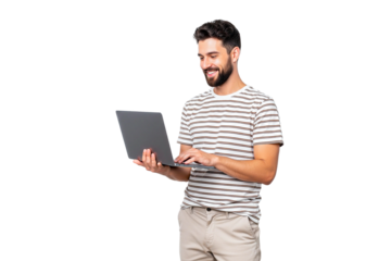 handsome young man with laptop isolated on white
