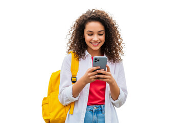 young beauty student girl with backpack and looking at phone isolated on white