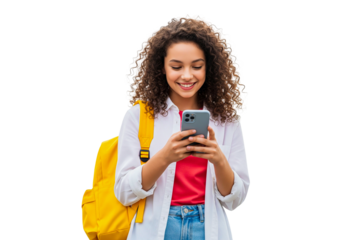 young beauty student girl with backpack and looking at phone isolated on white