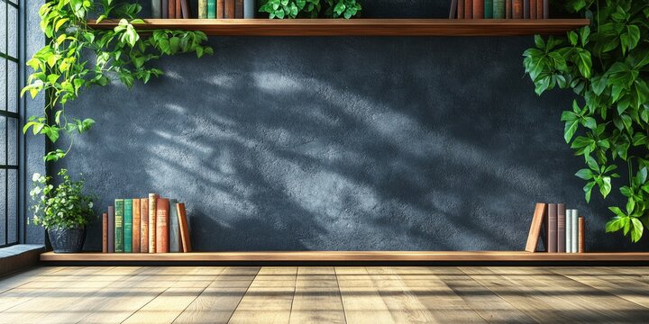 Minimalist shelf with a few books and trailing greenery against a gray wall, offering serene empty space, perfect for product mockups or text overlays. - Powered by Adobe