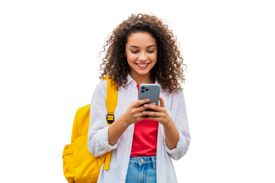 young beauty student girl with backpack and looking at phone isolated on white