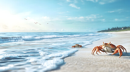 Obraz premium Crabs on Sandy Beach Landscape with Azure Sea and Bright Sky Crab Close-Up with Robotic Parts Under Warm Sunlight during a beautiful summer vacation wildlife scenery