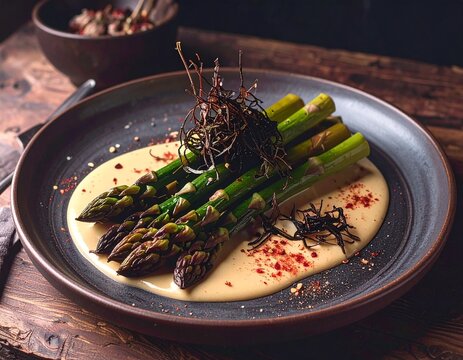 Asperge verte aux algues, sauce bordelaise