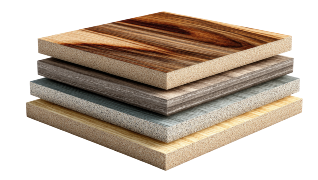 Stacked layers of decorative laminate sheets, showing wood and stone patterns