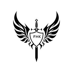 FHK  Winged Sword and Shield Logo with FHK   Letters, FHK   Later Logo, Heraldic Emblem, Black and White Vector Design
