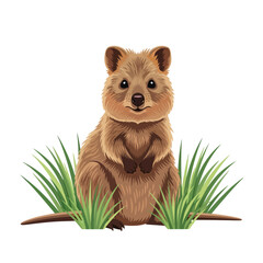 Sitting Quokka Cartoon Illustration with Green Grass on White Background