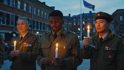 Three diverse veterans stand together in a line, holding small candles during a memorial vigil at twilight. The atmosphere is reflective as the community honors their service on Veterans Day