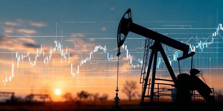 Silhouette of a Pumpjack at Sunset with Financial Candlestick Graphs Illustrating Market Trends