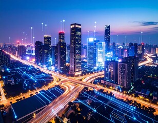 Fototapeta premium Aerial view of a city at night with a digital network overlay