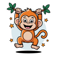 Fototapeta premium Cute cartoon monkey hanging on a branch isolated on transparent background