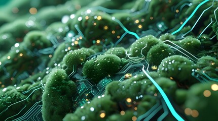 pulsating moss interwoven with glowing micro-circuitry 