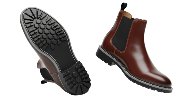 Brown leather Chelsea boots with lug soles isolated PNG with Transparent Background