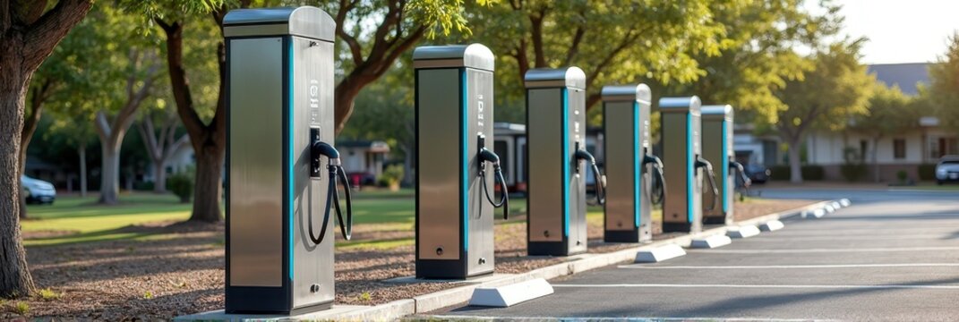 Electric vehicle charging stations in sunny parking lot with green trees