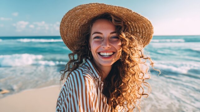 The cheerful woman with curly hair enjoying her time at the beach.