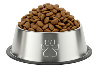 A full silver metal dog bowl filled with dry kibble dog food isolated on transparent background