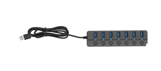 A USB 3.0 hub with 7 ports and power buttons on a white background offers versatile connectivity. Its compact design suits various tech needs.