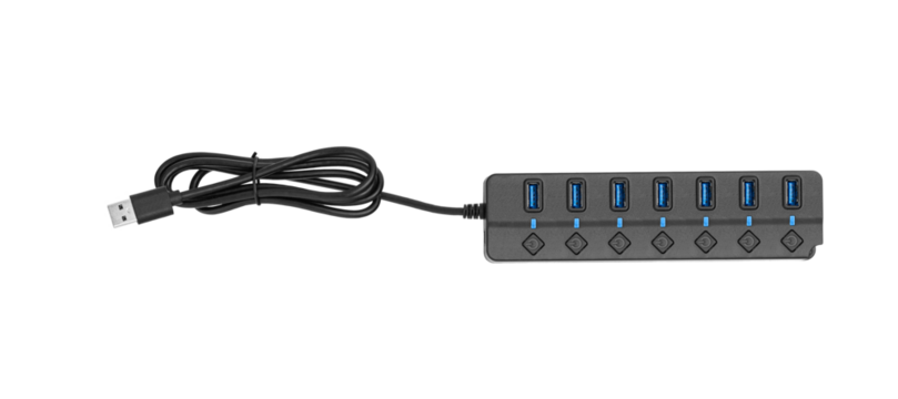A USB 3.0 hub with 7 ports and power buttons on a white background offers versatile connectivity. Its compact design suits various tech needs.