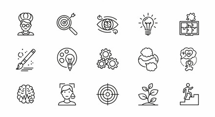 Cognitive Skills Line Icon Set – Attention, Perception, Problem-Solving, Creativity, Reasoning, Emotional Regulation Vector

