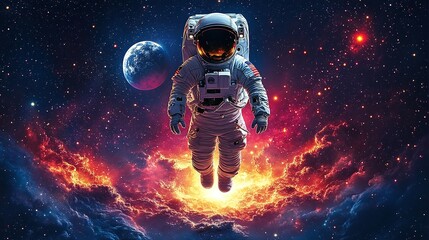 Naklejka premium Astronaut soaring through a vibrant nebula in the vast expanse of space.