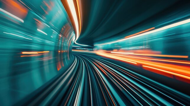 A dynamic long-exposure shot inside a high-speed tunnel, showing vibrant streaks of blue and orange light creating a sense of rapid motion.