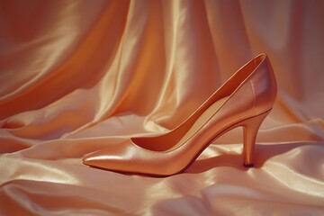 Kitten heels placed delicately a satin cloth backdrop soft ambient light no human no labelling no logo