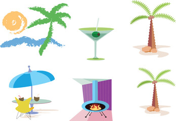 Vector set of tropical holiday elements including palm trees, cocktail, beach umbrella, and sun. Ideal for vacation, summer, or beach-themed creative designs.