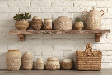 Rustic wooden shelf with woven and ceramic decorative items against a white brick wall